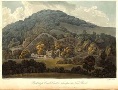Aquatint showing distant view of Bickleigh Court Castle