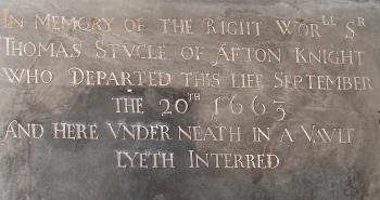 engraved inscription on memorial to Sir Thomas Stucley